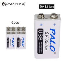 Load image into Gallery viewer, 9V 6F22 650mAh li-ion Rechargeable battery Micro USB Batteries 9 v lithium for Multimeter Microphone Toy Remote Control KTV use