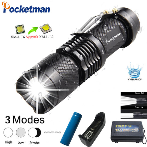 8000LM Mini L2 LED Flashlight Q5 T6 LED Torch Adjustable Focus Zoom Flash Light Lamp use 14500 and 18650 battery Give gift z35