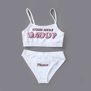 Newest Arrival Women Sexy  Sets COME HERE DADDY Letter Print Vest Tops+Underpants Cropped Feminino Pajamas Set New Style