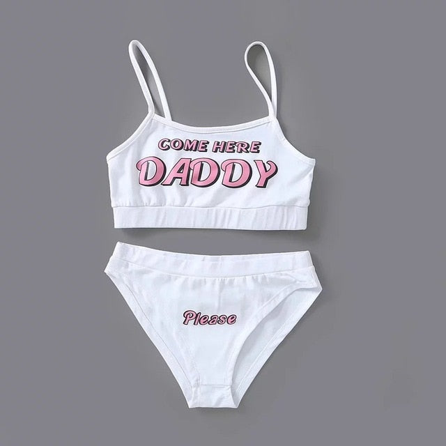 Newest Arrival Women Sexy  Sets COME HERE DADDY Letter Print Vest Tops+Underpants Cropped Feminino Pajamas Set New Style