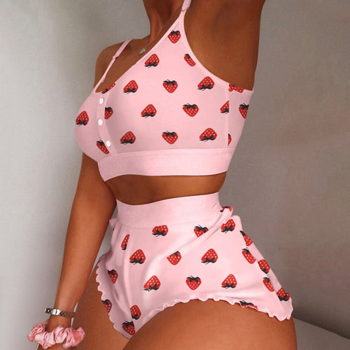 Women's 2 Pieces Kawaii Strawberry Print Frill Hem Cami Pajama Set 2021 Femme Cute Crop Top & Shorts Suits Lady Sleepwear Y2k