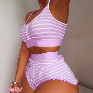 Women's 2 Pieces Kawaii Strawberry Print Frill Hem Cami Pajama Set 2021 Femme Cute Crop Top & Shorts Suits Lady Sleepwear Y2k
