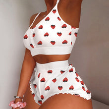 Load image into Gallery viewer, Women&#39;s 2 Pieces Kawaii Strawberry Print Frill Hem Cami Pajama Set 2021 Femme Cute Crop Top &amp; Shorts Suits Lady Sleepwear Y2k