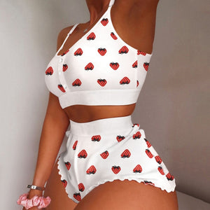 Women's 2 Pieces Kawaii Strawberry Print Frill Hem Cami Pajama Set 2021 Femme Cute Crop Top & Shorts Suits Lady Sleepwear Y2k
