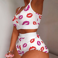 Load image into Gallery viewer, Women&#39;s 2 Pieces Kawaii Strawberry Print Frill Hem Cami Pajama Set 2021 Femme Cute Crop Top &amp; Shorts Suits Lady Sleepwear Y2k