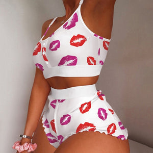 Women's 2 Pieces Kawaii Strawberry Print Frill Hem Cami Pajama Set 2021 Femme Cute Crop Top & Shorts Suits Lady Sleepwear Y2k