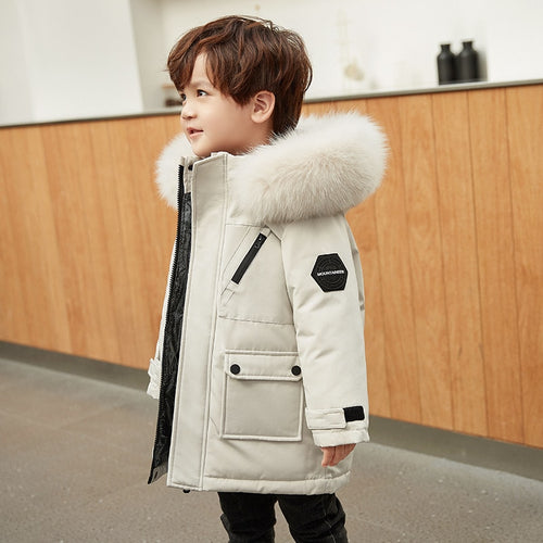 Real Fur White Duck Down 2021 Winter Children Midi Length Down Jacket New Warm Kids Boys Thicken Coat Hooded Baby Snowsuit #6643