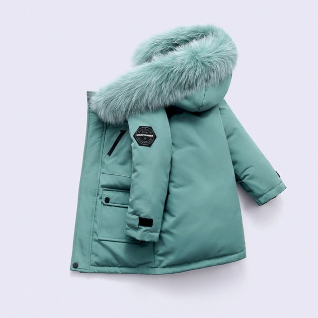 Real Fur White Duck Down 2021 Winter Children Midi Length Down Jacket New Warm Kids Boys Thicken Coat Hooded Baby Snowsuit #6643