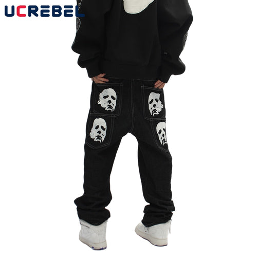 Spoof Portrait Print Denim Pants Mens High Street Funny Loose Straight-leg Pants Streetwear Casual Jeans Trousers Men